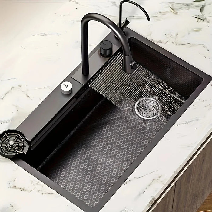 Black Stainless Steel Kitchen Sink 29.5x17.7 inch Waterfall Design Large Capacity Modern Home Bathroom Sink