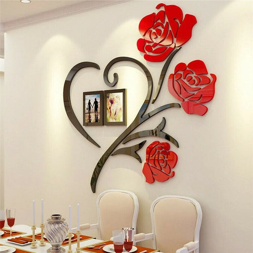 3D Heart Shaped Rose Acrylic Mirror Wall For Living Room Sofa TV Wall Bedroom Photo Frame Decoration Self-Adhesive DIY Art Decal