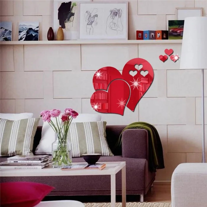 3D Acrylic Love Heart-Shaped Mirror Wall Stickers Removable Heart Art Decor Wall Poster DIY Living Room Wedding Home Decoration