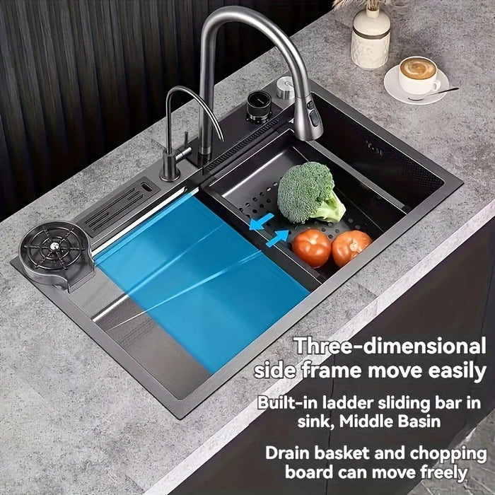 Black Stainless Steel Kitchen Sink 29.5x17.7 inch Waterfall Design Large Capacity Modern Home Bathroom Sink