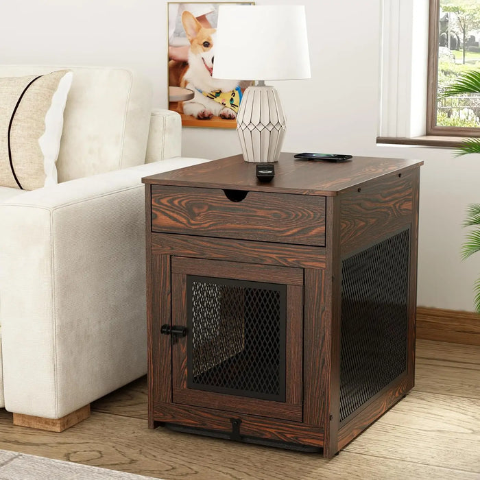 Dog Crate Furniture,Wooden Dog Crate End Table with Storage Drawer&Cushion&Tray, QC3.0 Wireless Charging,Dual