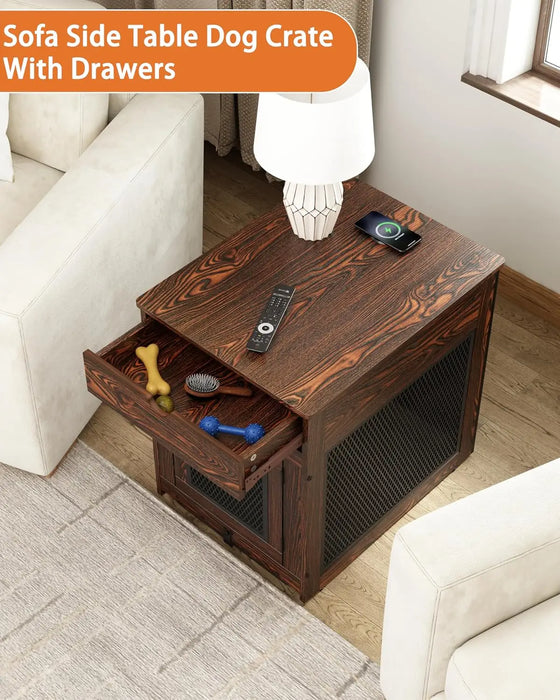 Dog Crate Furniture,Wooden Dog Crate End Table with Storage Drawer&Cushion&Tray, QC3.0 Wireless Charging,Dual